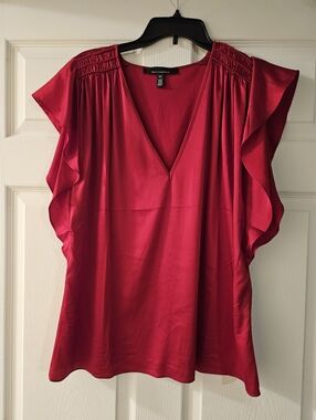 White House Black Market Red V-Neck Ruffle Sleeve Blouse